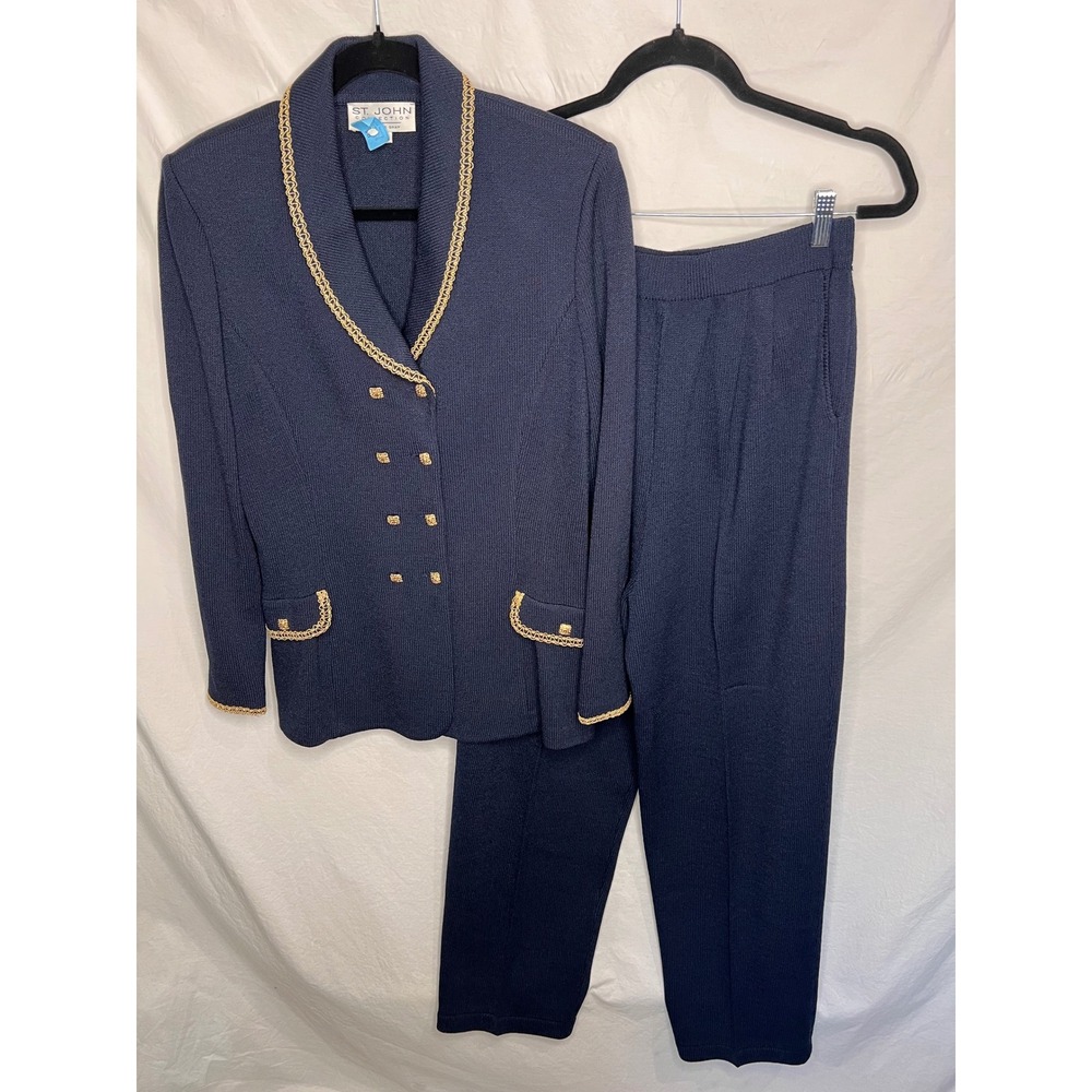 St. John Collection Santana Knit Suit 10/12 Navy Blue Gold Jacket Pants Nautical